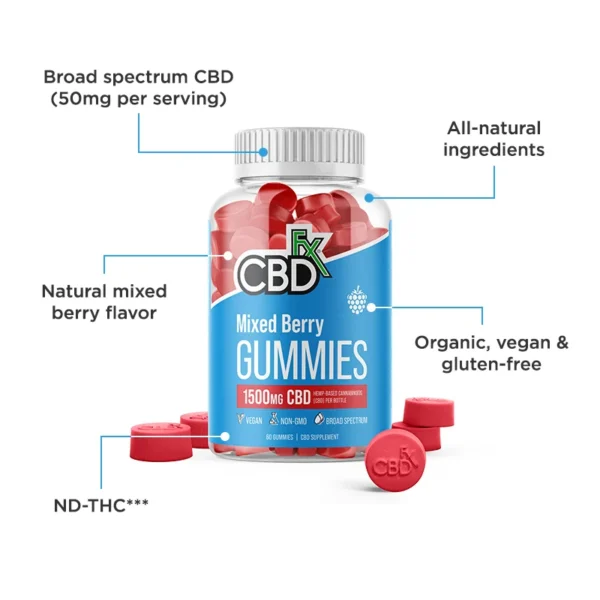 cbdfx original mixed berry cbd gummies – broad spectrum, thc free | 60ct, 1500mg cbd
