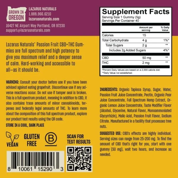 lazarus naturals cbd + thc gummies – passion fruit, full spectrum | 40ct, 80mg thc + 2000mg cbd
